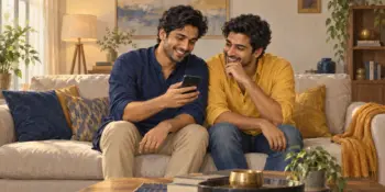 Two look alike brothers laugh on a sofa as one shows the other something on his phone