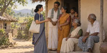 A woman electoral official talks with a family at their door during a house to house visit in a village