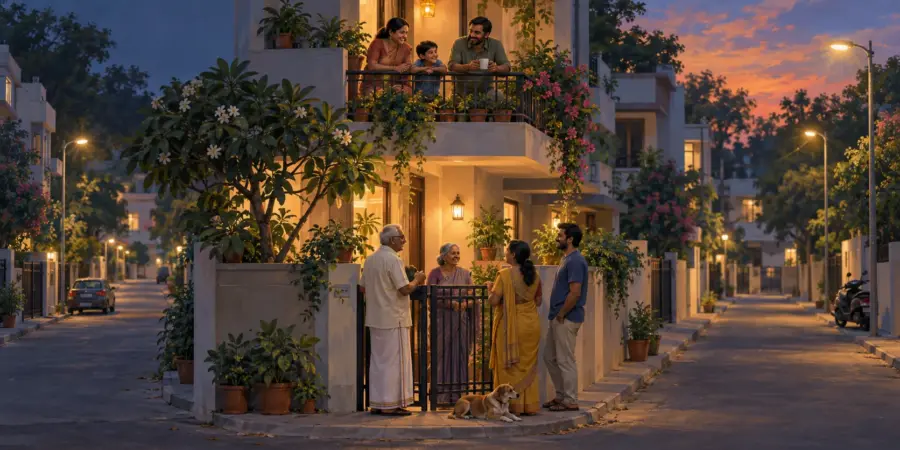 A calm residential street on the evening before polling day, a family on their balcony and neighbours chatting