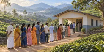 A long, orderly queue of voters of all ages outside a rural polling station among green tea gardens