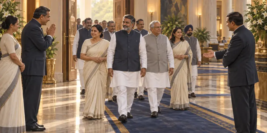 Legislators in formal Indian attire file into a grand domed hall to vote
