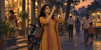 A young woman holds up her phone to photograph something on a street in the evening
