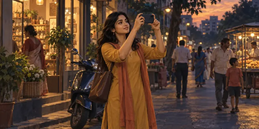 A young woman holds up her phone to photograph something on a street in the evening