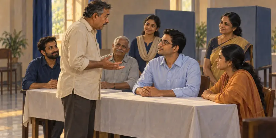 A surprised voter speaks earnestly with a calm presiding officer at the polling station table
