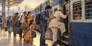 Workers with bags board a long distance train home, a young man helping an older man up the step