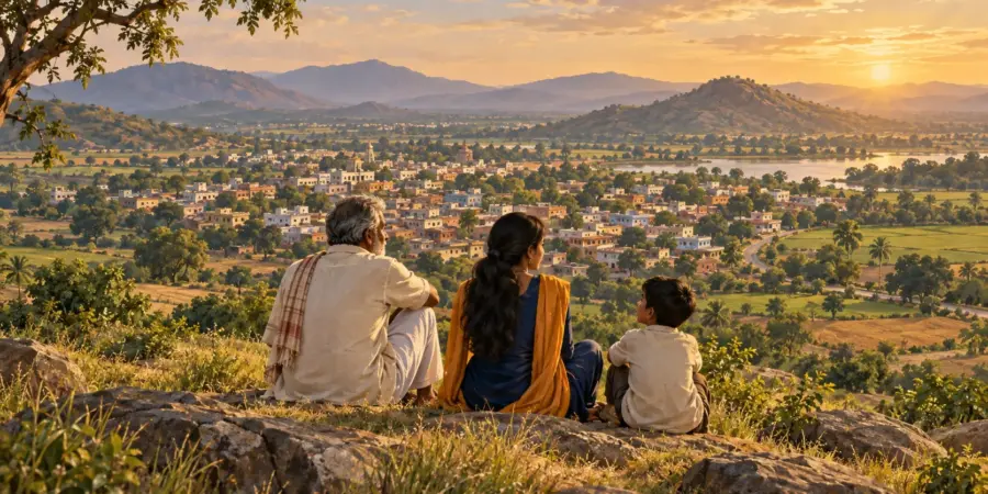 What Is an Assembly Constituency (AC)? Meaning Explained 1 Three townspeople on a hilltop look out over a small town and the villages and fields around it