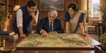 Commission members, including a grey haired retired judge, study a large relief map spread on a table