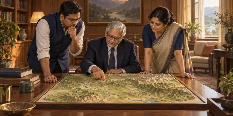 Commission members, including a grey haired retired judge, study a large relief map spread on a table