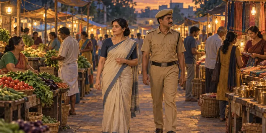 An election observer and a police officer walk quietly through a busy evening market