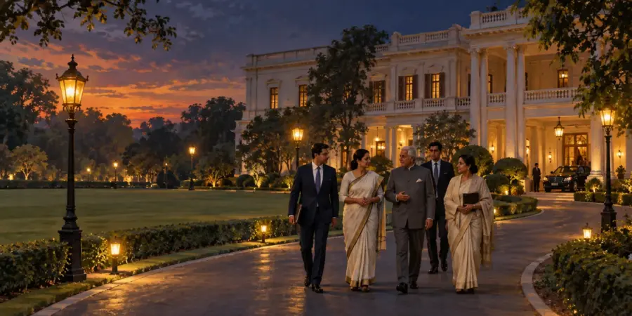 Officials walk along the drive of a stately government house at dusk as the lamps come on