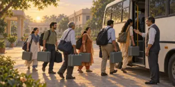 A polling team of men and women board a bus with sealed equipment at dawn before polling day