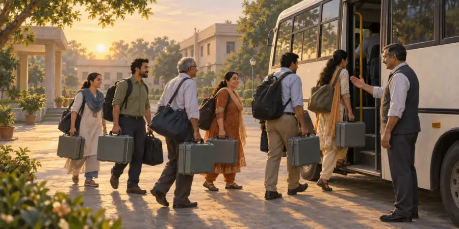 A polling team of men and women board a bus with sealed equipment at dawn before polling day