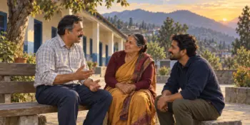 A friendly Booth Level Officer chats with two neighbours on a bench outside a primary school in a hill town