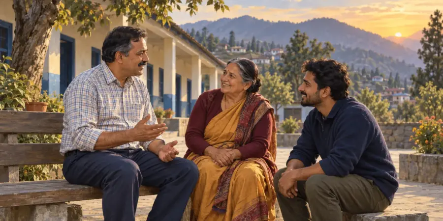 A friendly Booth Level Officer chats with two neighbours on a bench outside a primary school in a hill town