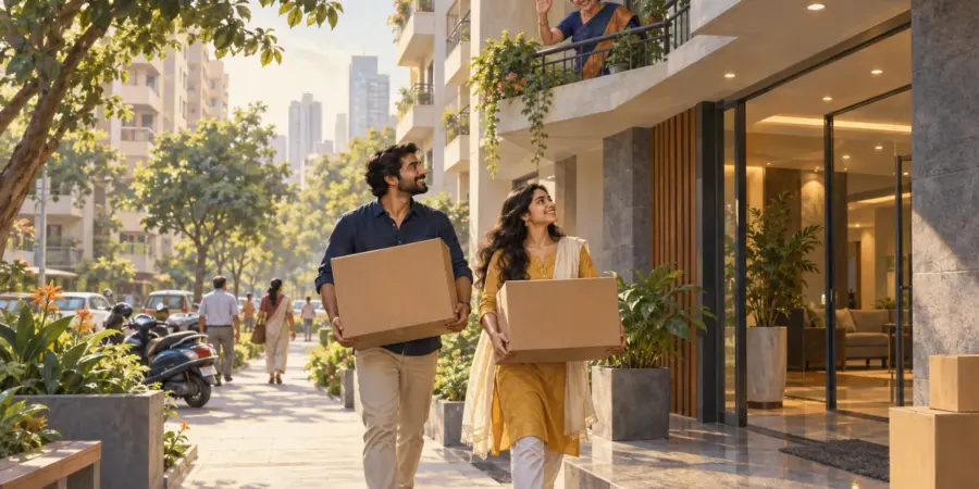 A young couple carry moving boxes into their new apartment building as a neighbour waves from a balcony