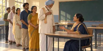 A polling officer greets an older man at the table in a school classroom polling station as voters wait behind
