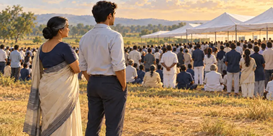 Two election officials watch a campaign rally from the edge of a field