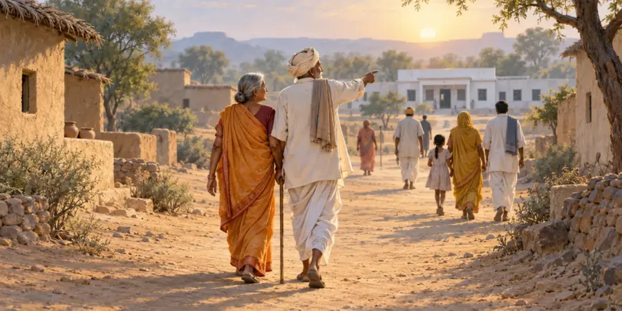 An elderly couple walk along a desert village lane towards the school building where they will vote