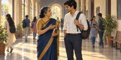 A school teacher and a young graduate chat warmly in a sunlit college corridor