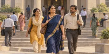 A woman candidate walks up the steps of a district government office with two companions