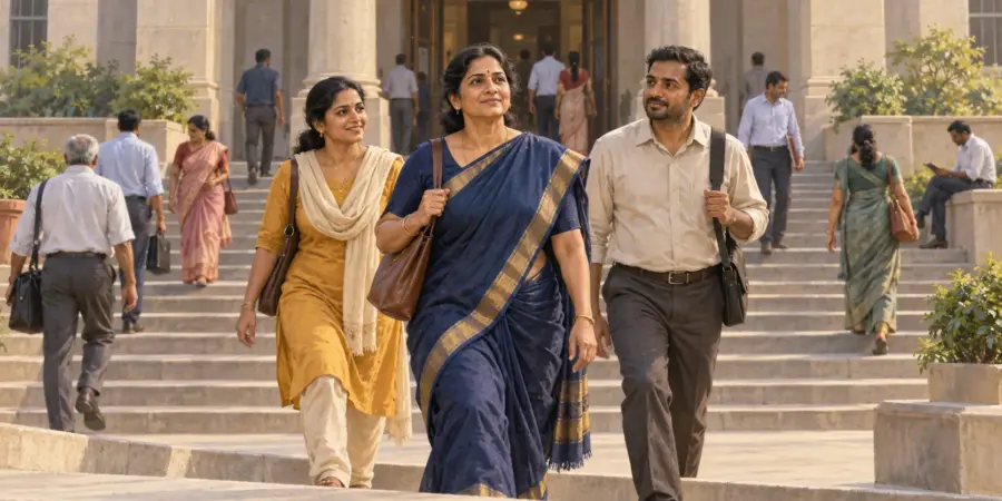 A woman candidate walks up the steps of a district government office with two companions