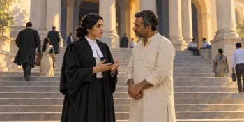 A woman advocate in a black gown talks seriously with a man on the steps of a High Court building