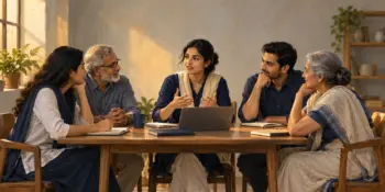 A small group of citizens plan together around a table in a modest office