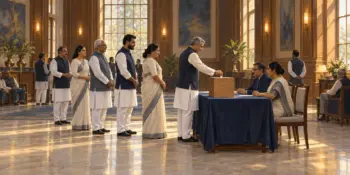 Legislators queue in a high ceilinged hall to cast their votes at a table staffed by officials