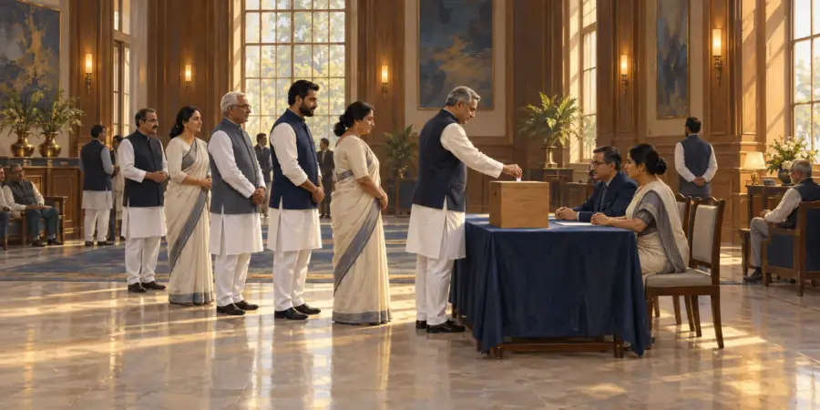 Legislators queue in a high ceilinged hall to cast their votes at a table staffed by officials