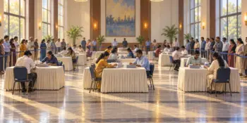 Counting staff at long tables in a bright hall while observers watch from behind a rope barrier