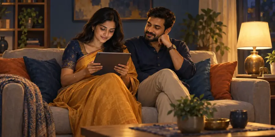 A couple on a sofa in the evening, the wife reading intently on a tablet as her husband listens