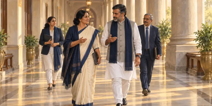 Two elected representatives walk and talk along the colonnaded corridor of a grand government building