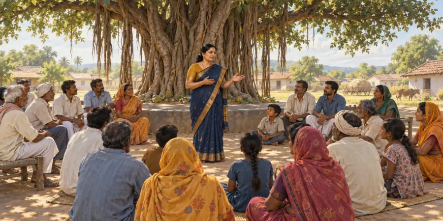 Who Runs Panchayat and Municipal Elections? 1 A woman sarpanch addresses villagers of all ages gathered under a large banyan tree