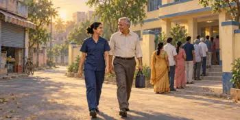 A young woman and an older man walk to vote on polling day as voters queue outside a school building