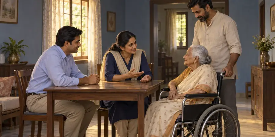 Two polling officials sit with an elderly woman in a wheelchair at her home as her son looks on