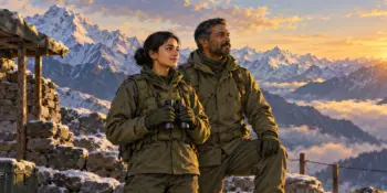 Two soldiers in plain uniform stand at a mountain post at sunrise looking out over snowy peaks