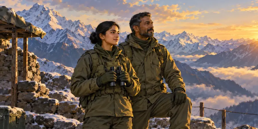 Two soldiers in plain uniform stand at a mountain post at sunrise looking out over snowy peaks