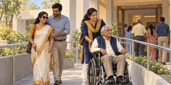 A volunteer helps an older man in a wheelchair up a ramp into a polling station beside a voter with a white cane