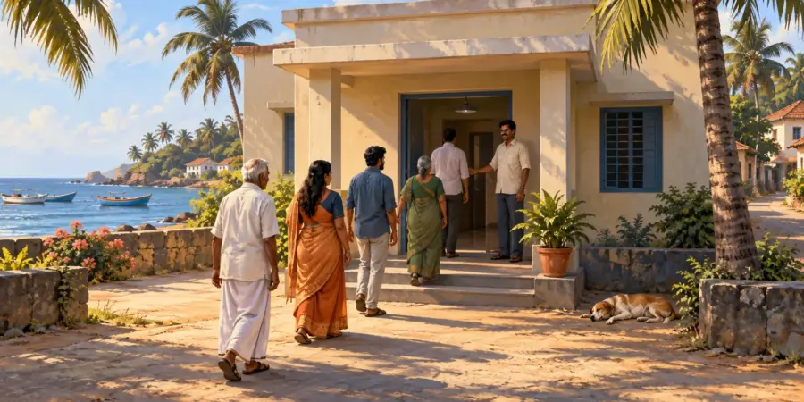A quiet polling station in a coastal town with a handful of voters and a polling officer at the door
