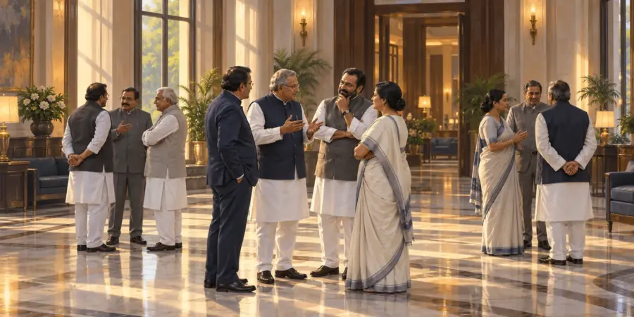 Legislators talk in small separate groups in an ornate lobby under afternoon light