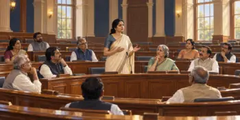 A woman member speaks in a Legislative Council chamber as colleagues listen from wooden benches