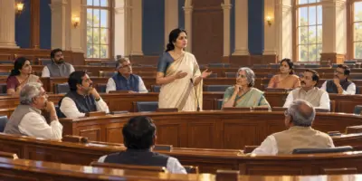 A woman member speaks in a Legislative Council chamber as colleagues listen from wooden benches