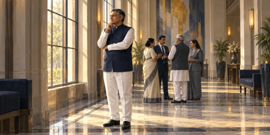 A legislator stands alone by a tall window in a quiet lobby while colleagues talk in the background