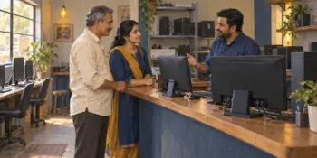 A father and his adult daughter listen as the owner of a small computer centre explains something at the counter