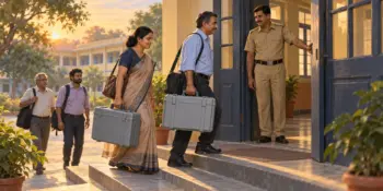 Two polling officials carry sealed equipment cases into a school building as a police constable holds the door