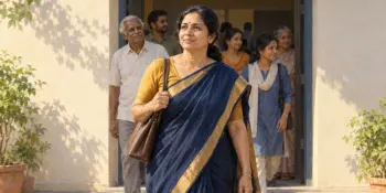 A thoughtful woman steps out of a polling station into bright daylight with a calm, resolute expression