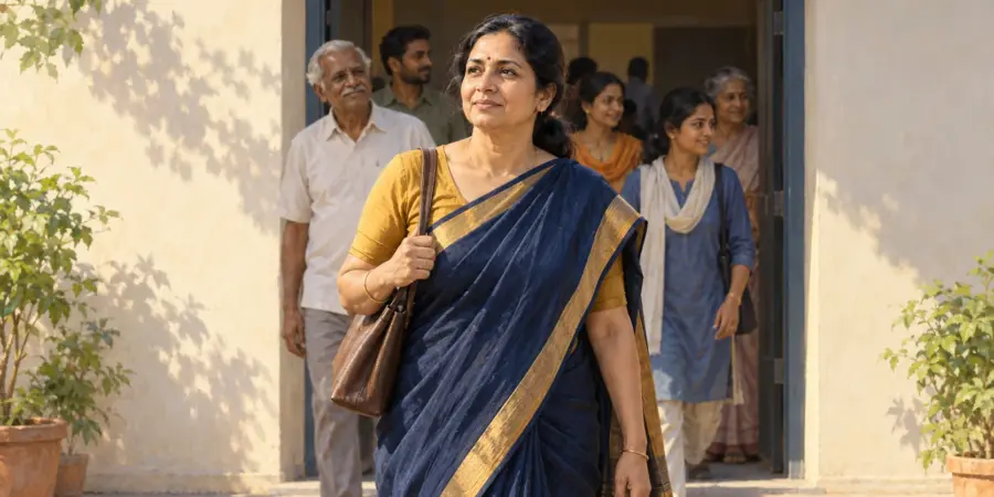 A thoughtful woman steps out of a polling station into bright daylight with a calm, resolute expression
