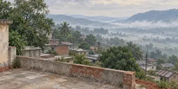 A hillside terrace with mist in the valley