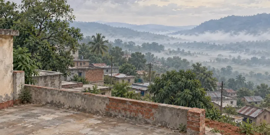 A hillside terrace with mist in the valley