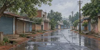 A quiet town street after rain with shuttered shops
